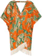 Chufy Animal Print Fringed Linen Poncho - Yellow & Orange