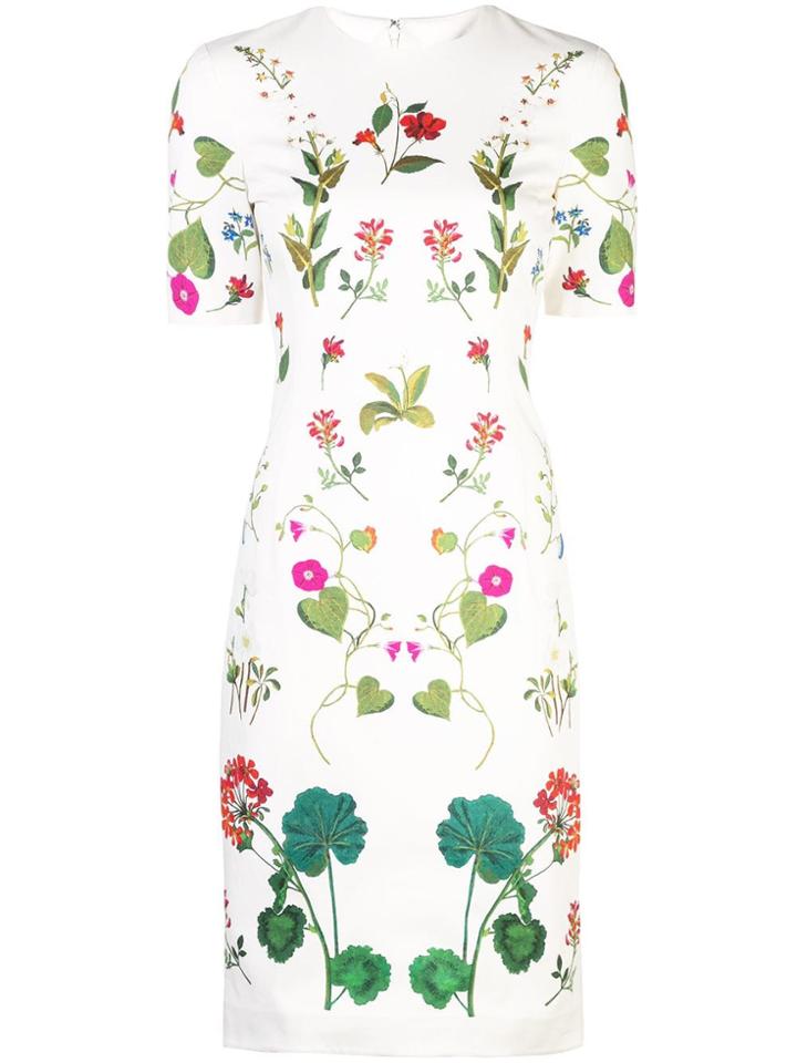 Oscar De La Renta Botanical Print Pencil Dress - White