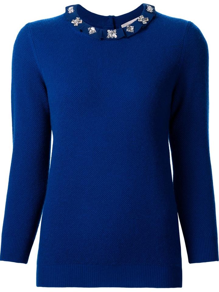 Carolina Herrera Embellished Frill Collar Jumper, Women's, Size: Medium, Blue, Cashmere