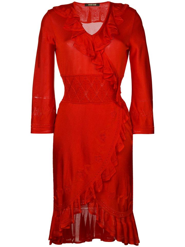 Roberto Cavalli - Ruffle Trim Knit Dress - Women - Silk/polyester/spandex/elastane/viscose - 40, Red, Silk/polyester/spandex/elastane/viscose