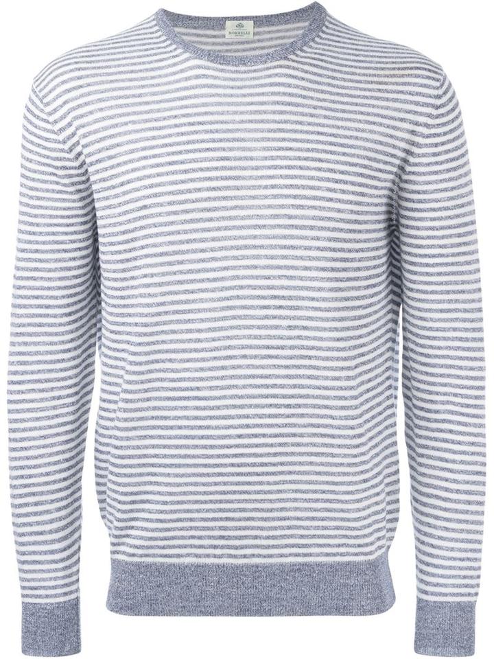 Borrelli Striped Crew Neck Jumper, Men's, Size: 50, Blue, Linen/flax/cotton