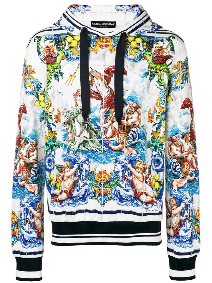 Dolce & Gabbana Majolica And Neptune Print Hoodie - Blue