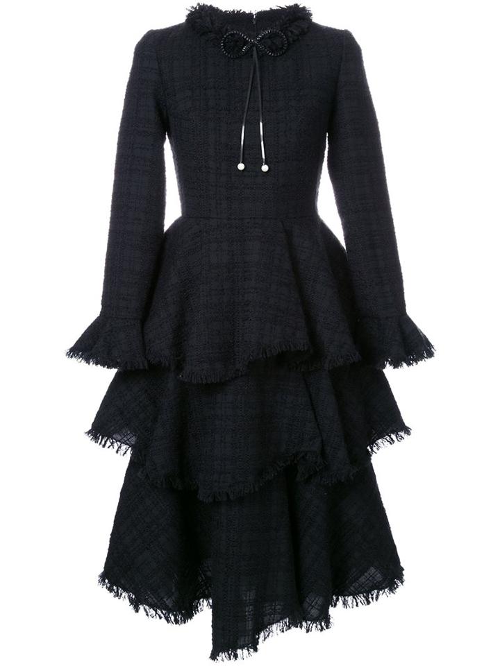 Huishan Zhang Ruffle Skirt Tweed Dress, Women's, Size: 10, Black, Acrylic/polyester/wool