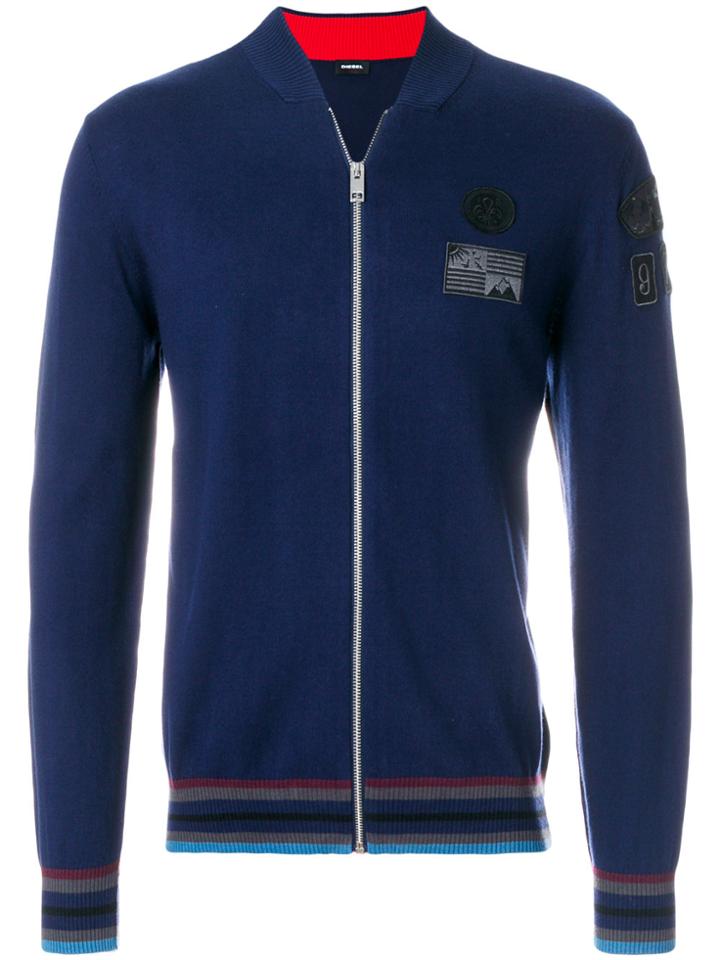 Diesel Embroidered Patch Zipped Cardigan - Blue