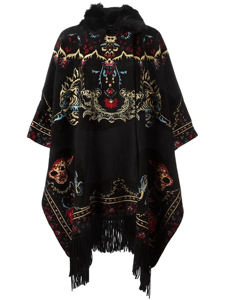 Roberto Cavalli Jaquard Fringed Cape, Women's, Size: 46, Black, Fox Fur/polyamide/viscose