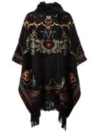 Roberto Cavalli Jaquard Fringed Cape, Women's, Size: 46, Black, Fox Fur/polyamide/viscose