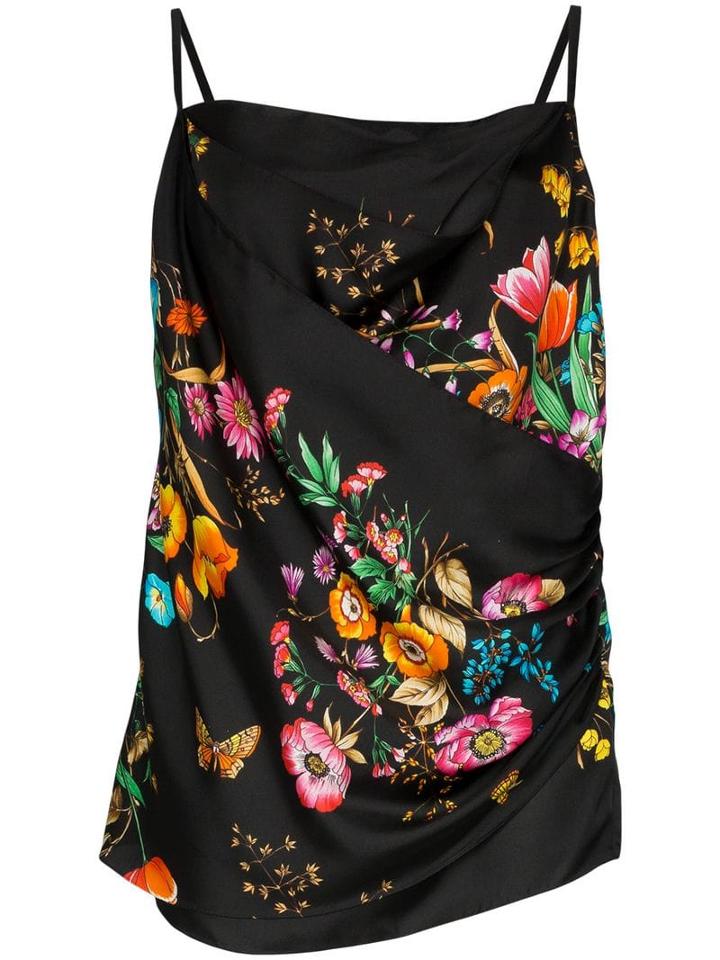 Gucci Draped Silk Floral Print Cami - Black