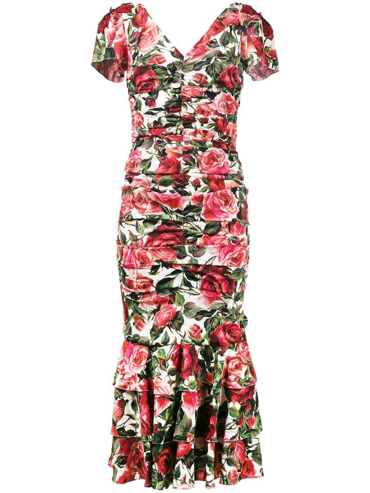 Dolce & Gabbana Rose (pink) Print Ruched Midi Dress, Women's, Size: 40, Silk/spandex/elastane