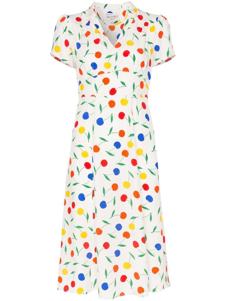 Hvn Morgan Rainbow Cherry Print V-neck Silk Midi Dress - White