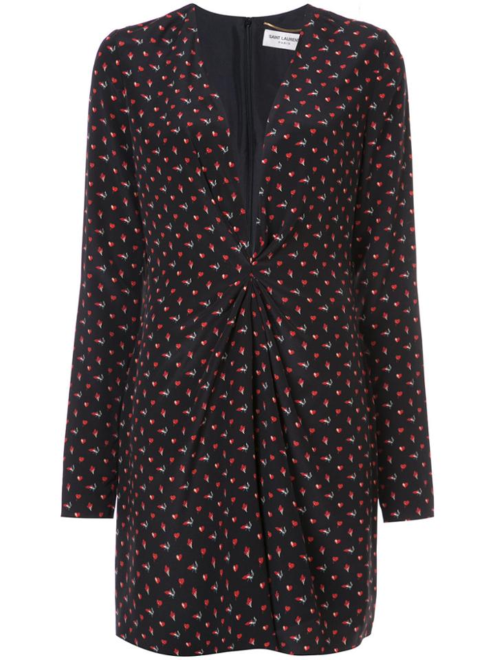 Saint Laurent Printed Gathered Waist Mini Dress - Black