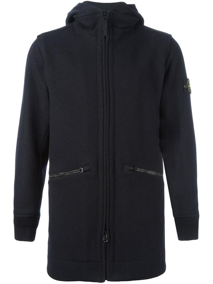 Stone Island Hooded Zip Coat, Men's, Size: Xl, Black, Cotton/polyamide/wool
