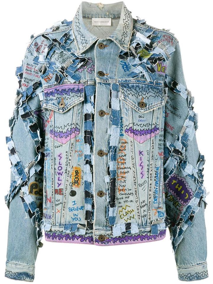 Faith Connexion Graffiti Print Denim Jacket, Women's, Size: Medium, Blue, Cotton