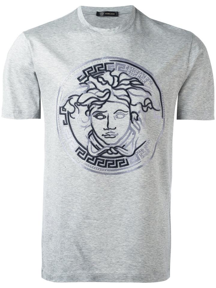Versace Embroidered Logo T-shirt, Men's, Size: Small, Grey, Cotton