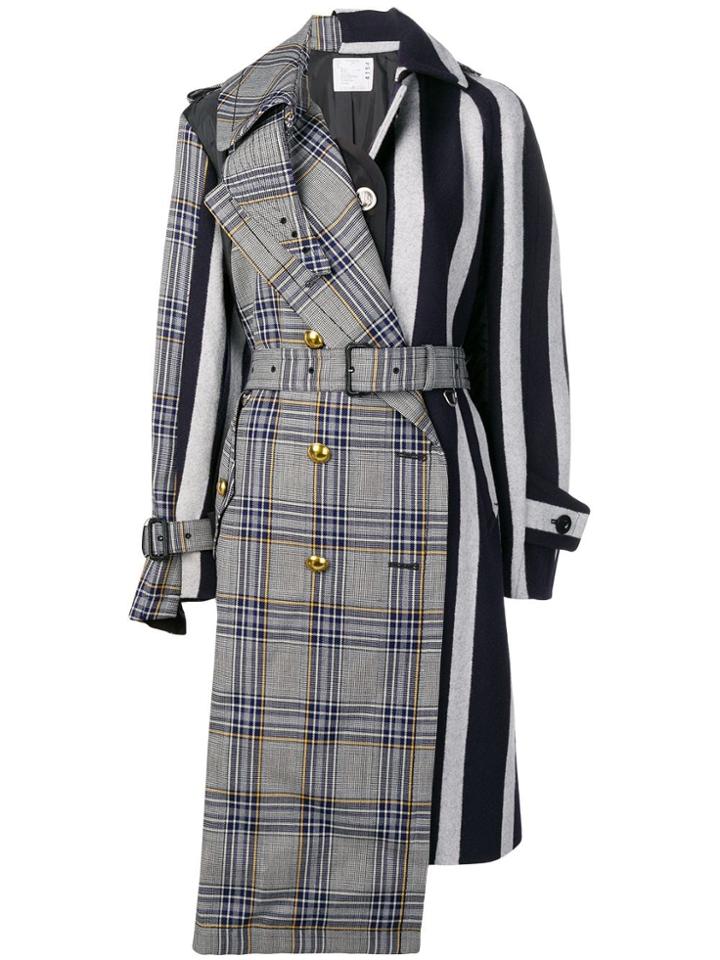 Sacai Sacai Os Multi Fab Chk Strp Trench Coat - Grey