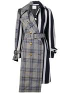 Sacai Sacai Os Multi Fab Chk Strp Trench Coat - Grey