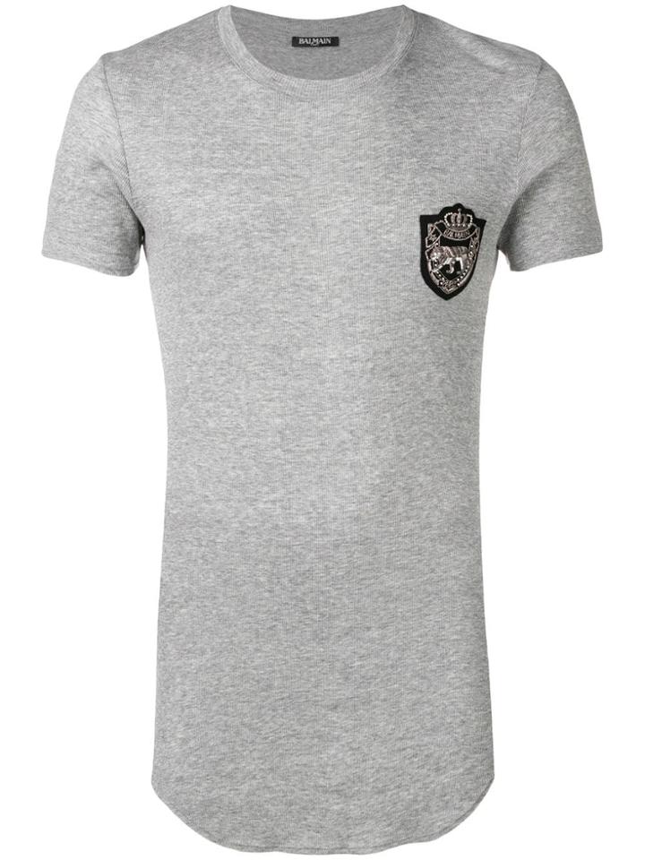 Balmain Beaded Patch Ribbed T-shirt - Grey