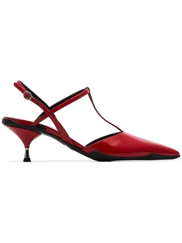 Prada Pillarbox Red 55 T-bar Leather Slingback Pumps