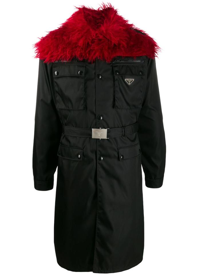 Prada Faux Fur Trim Double Breasted Coat - Black