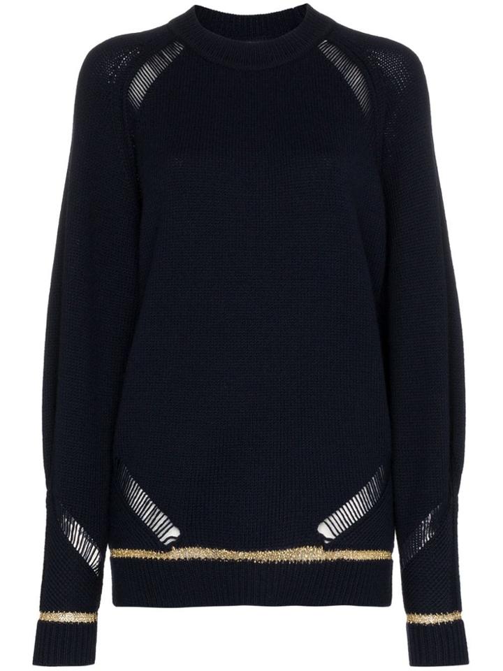 See By Chloé Distressed Lurex Stripe Wool Blend Jumper - Blue