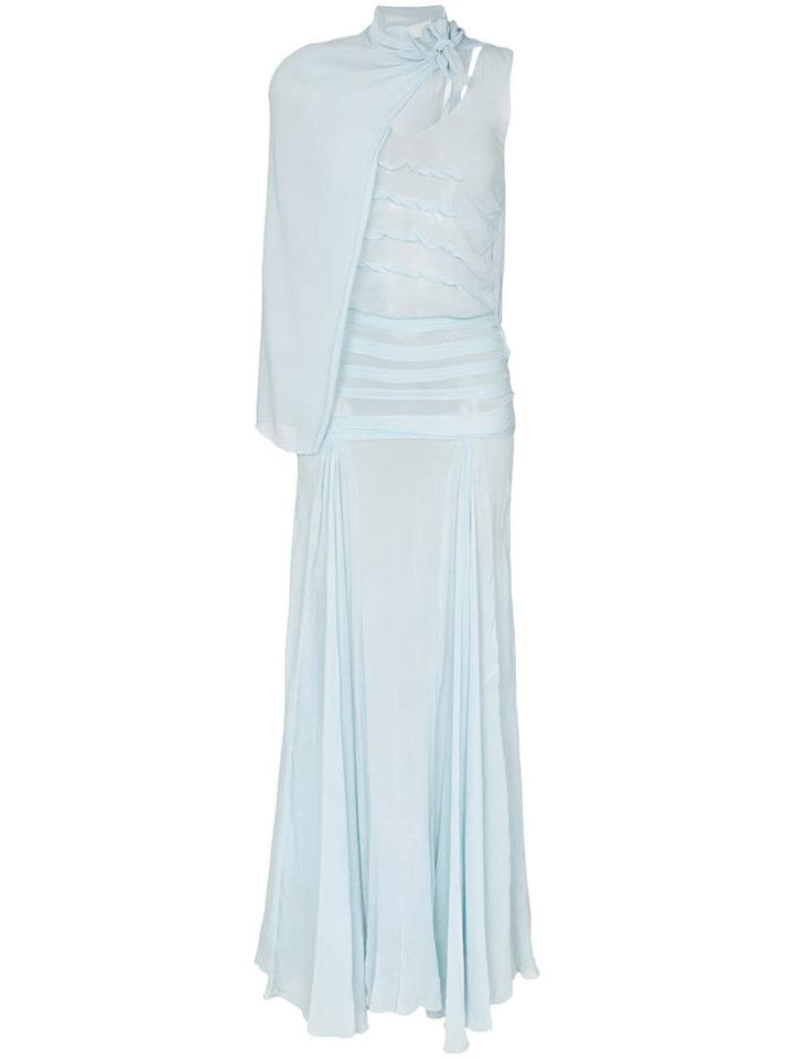 One Vintage Caped Sheer Chiffon Gown - Blue