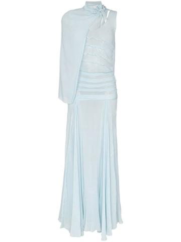 One Vintage Caped Sheer Chiffon Gown - Blue