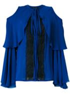 Elie Saab - Cold Shoulder Lace Insert Blouse - Women - Silk/cotton/nylon/polyester - 38, Blue, Silk/cotton/nylon/polyester