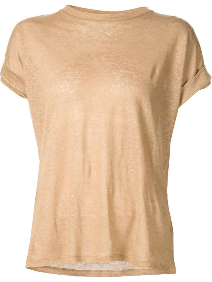 Balmain Roll Sleeve T-shirt, Women's, Size: 42, Brown, Linen/flax