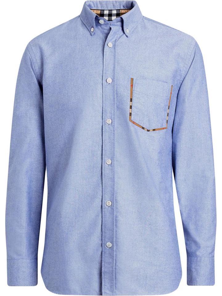 Burberry Check Detail Cotton Oxford Shirt - Blue