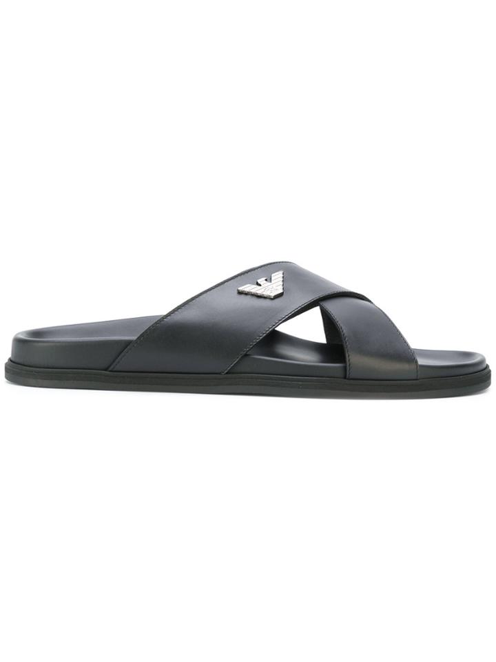 Emporio Armani Logo Plaque Pool Sliders - Black