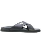 Emporio Armani Logo Plaque Pool Sliders - Black