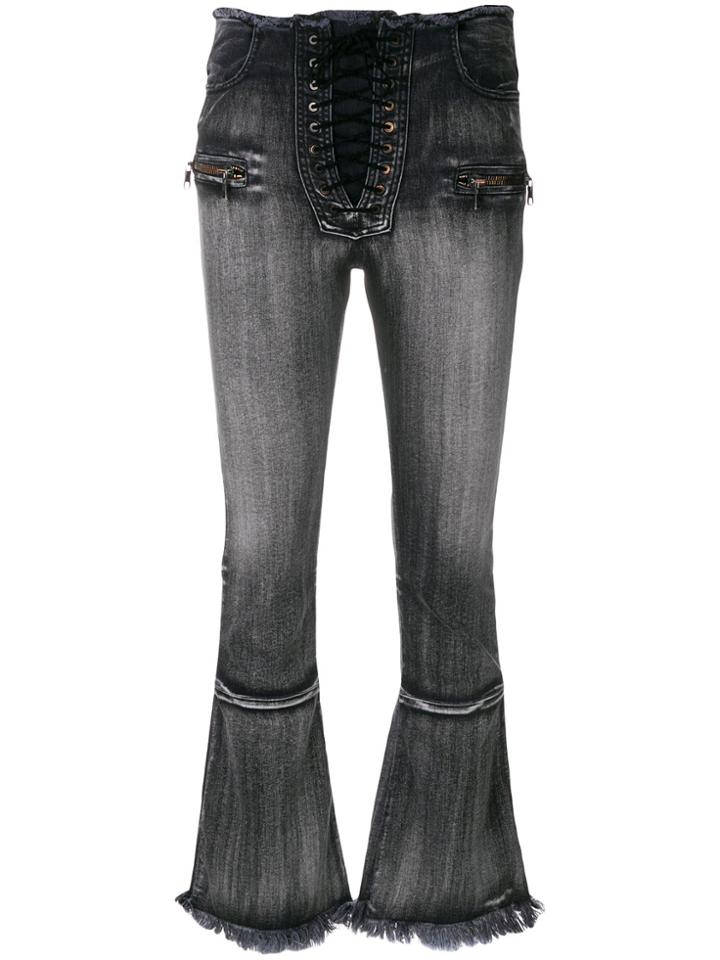 Unravel Project Washed Lace Front Cropped Bootcut Jeans - Black