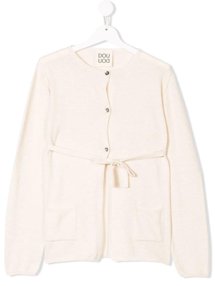 Douuod Kids Teen Knitted Belted Cardigan - Neutrals