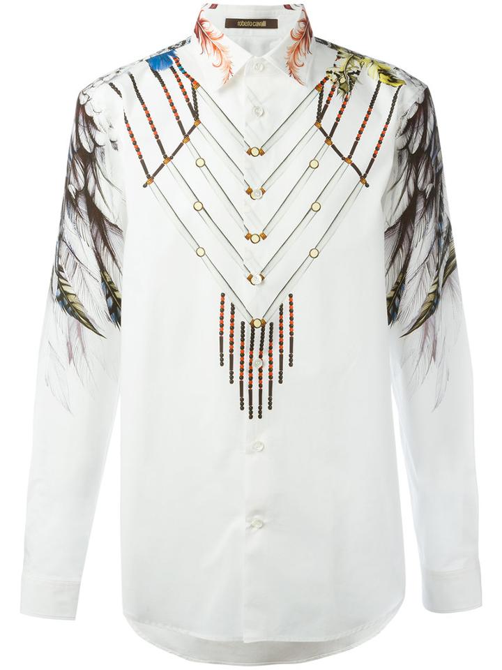 Roberto Cavalli Wing Printed Shirt, Men's, Size: 42, White, Cotton