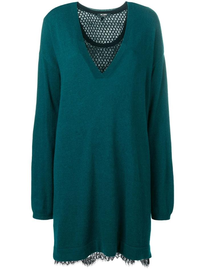 Twin-set Lace Insert Sweater Dress - Green