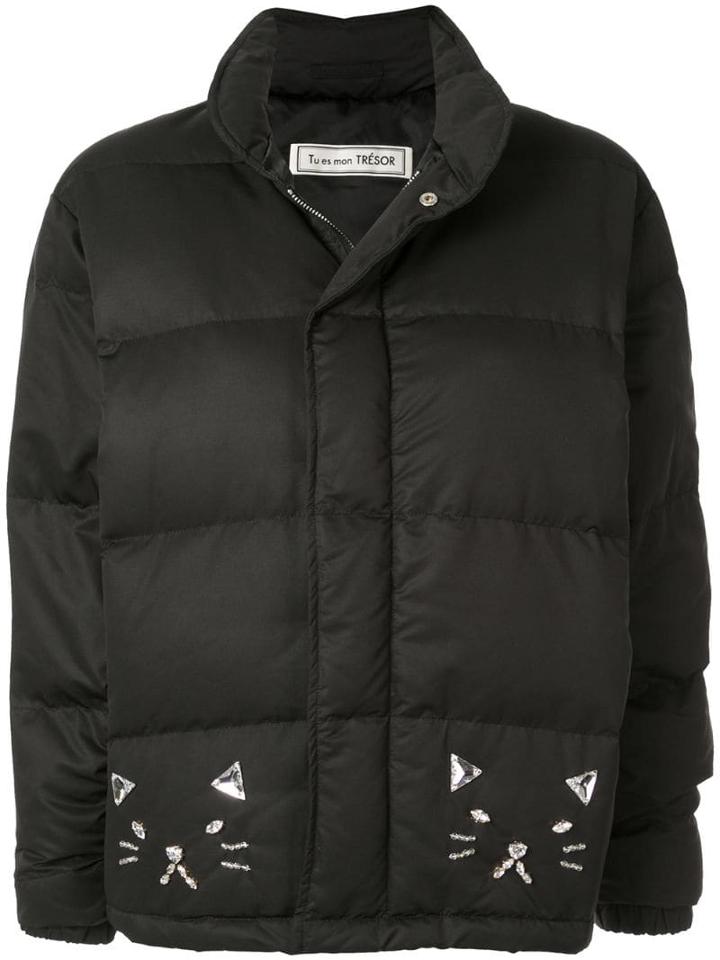 Tu Es Mon Trésor Embellished Cat Padded Jacket - Black
