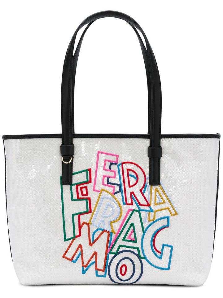 Salvatore Ferragamo - Logo Embroidered Sequin Tote Bag - Women - Cotton/calf Leather/pvc - One Size, White, Cotton/calf Leather/pvc