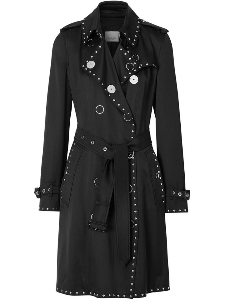 Burberry Stud Detail Silk Satin Trench Coat - Black