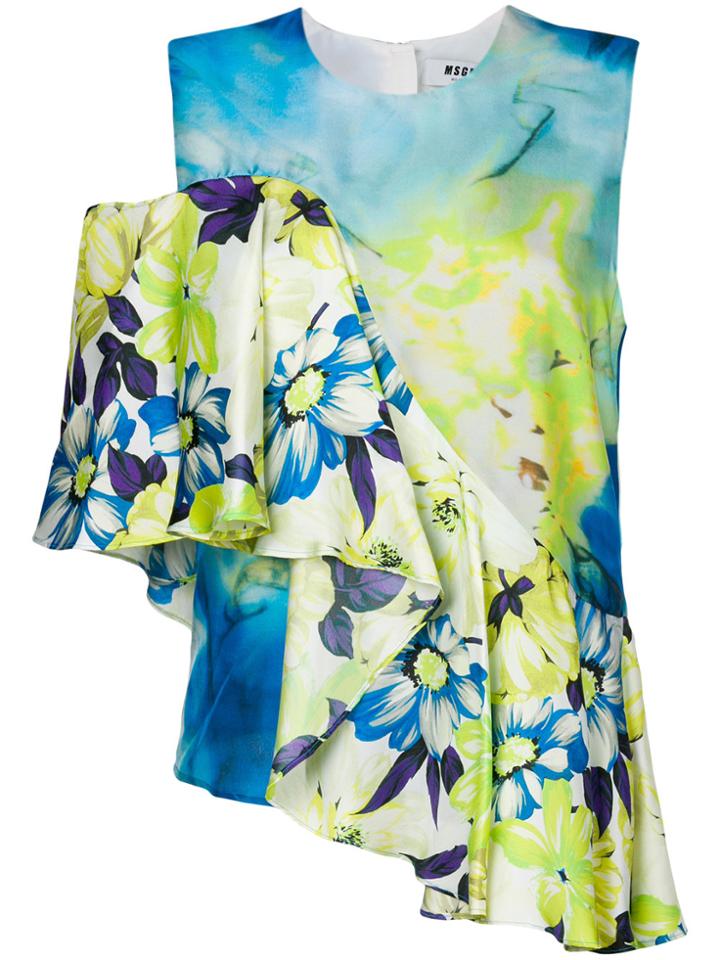Msgm Printed Ruffle Trim Top - Blue