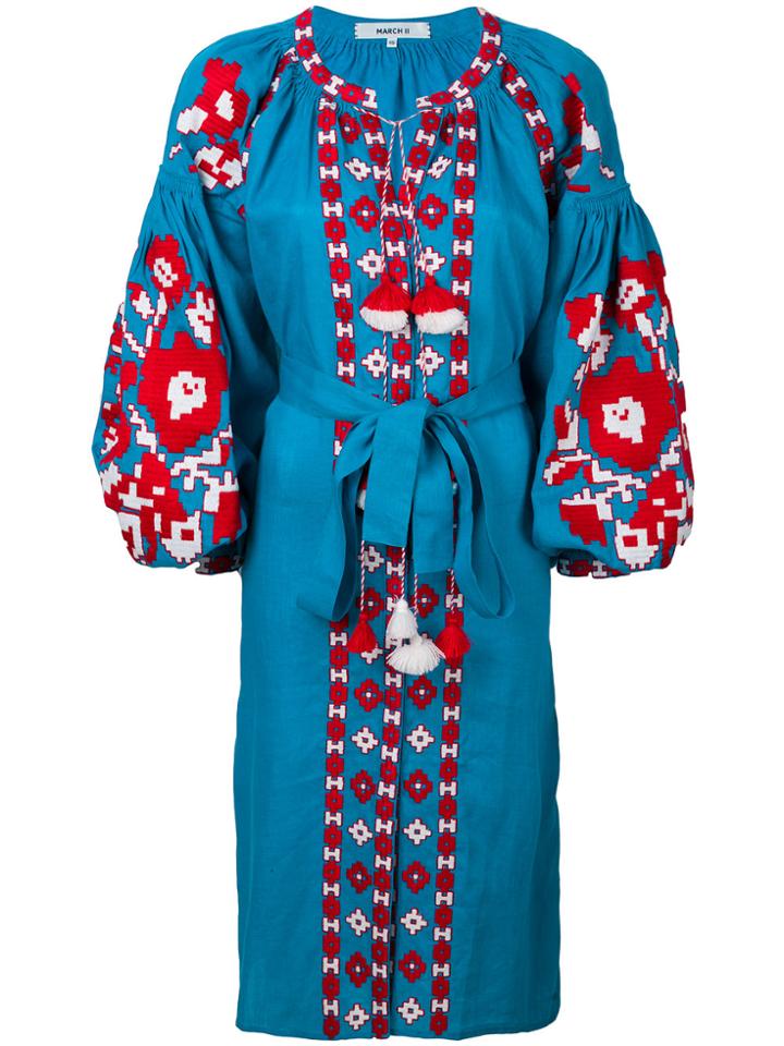March 11 Flower Pixel Midi Embroidered Dress - Blue