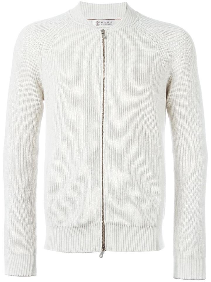 Brunello Cucinelli Ribbed Zip Cardigan, Men's, Size: 54, Nude/neutrals, Cotton