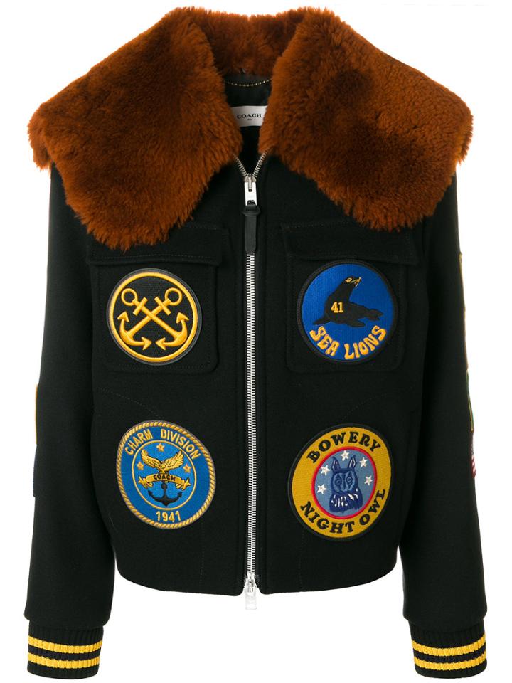 Coach Patch Appliqué Shearling Trimmed Varsity Bomber - Black