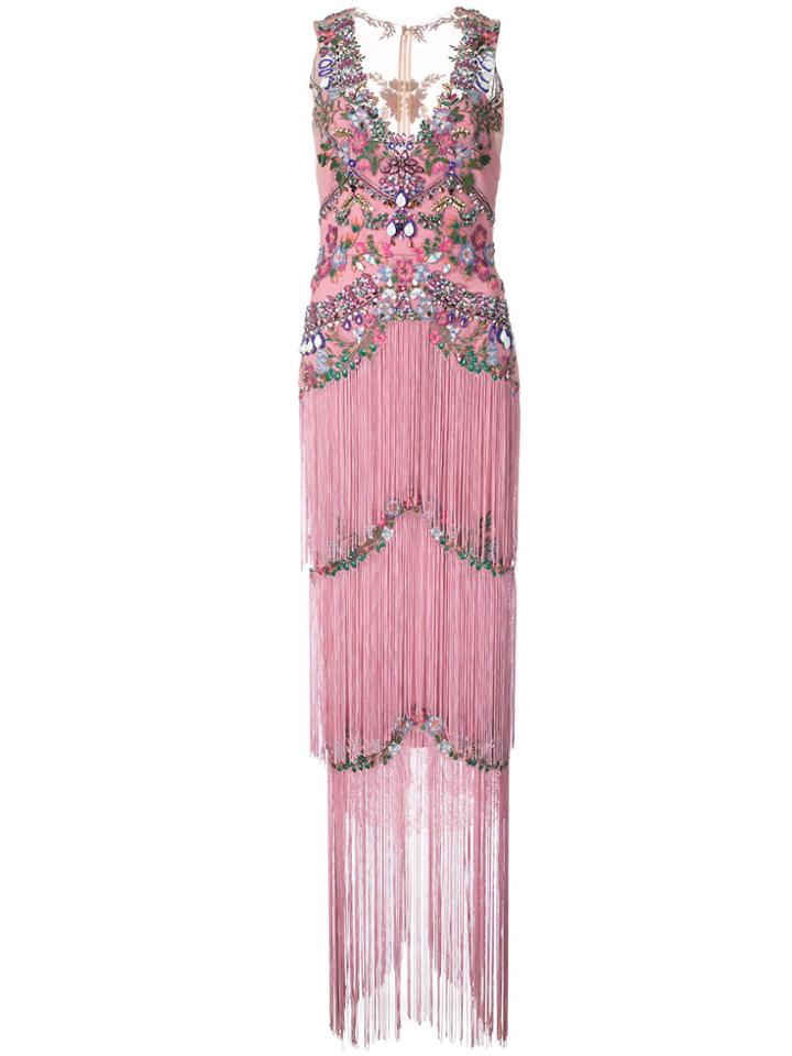 Marchesa Notte Beaded Fringe Evening Gown - Pink & Purple