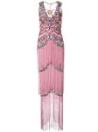 Marchesa Notte Beaded Fringe Evening Gown - Pink & Purple