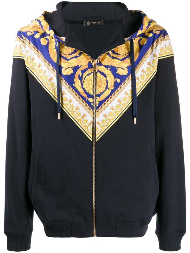 Versace Gold Barocco Insert Zip-front Hoodie - Blue