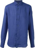 Corneliani Embroidered Logo Shirt, Men's, Size: 41, Blue, Linen/flax