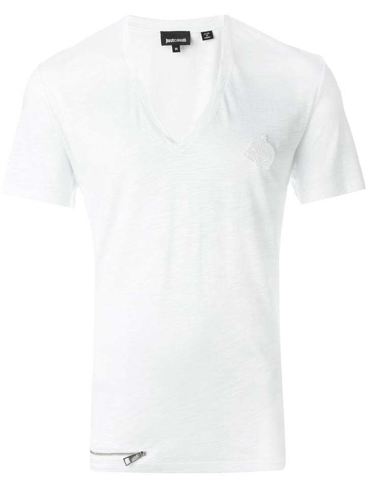 Just Cavalli V-neck Zip Detail T-shirt, Men's, Size: Xl, White, Modal/cotton