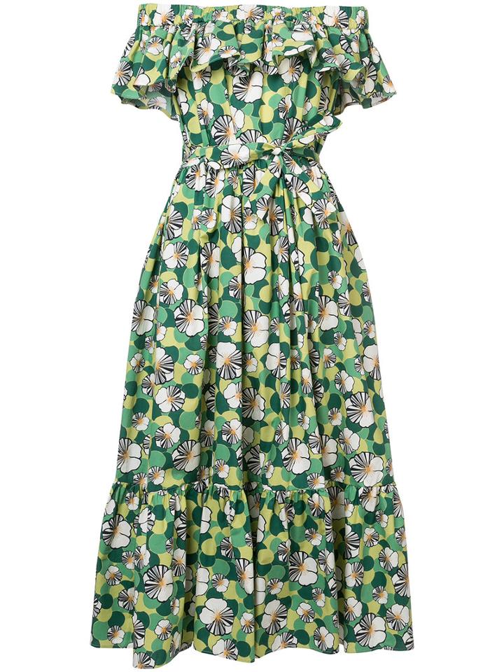 La Double J - Floral Shift Off-shoulder Dress - Women - Cotton - One Size, Green, Cotton