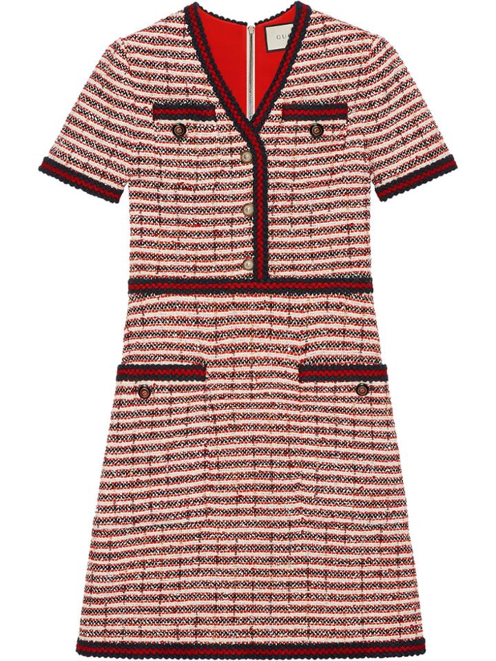 Gucci Striped Tweed V-neck Dress - Red