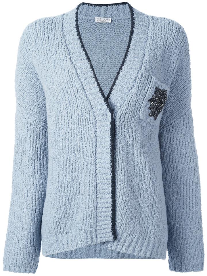 Brunello Cucinelli V-neck Cardigan, Women's, Size: Medium, Grey, Polyamide/spandex/elastane/wool/swarovski Crystal