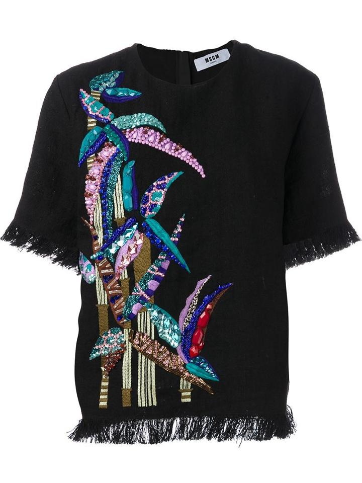 Msgm Embellished Frayed Top, Women's, Size: 40, Black, Linen/flax/pvc/glass